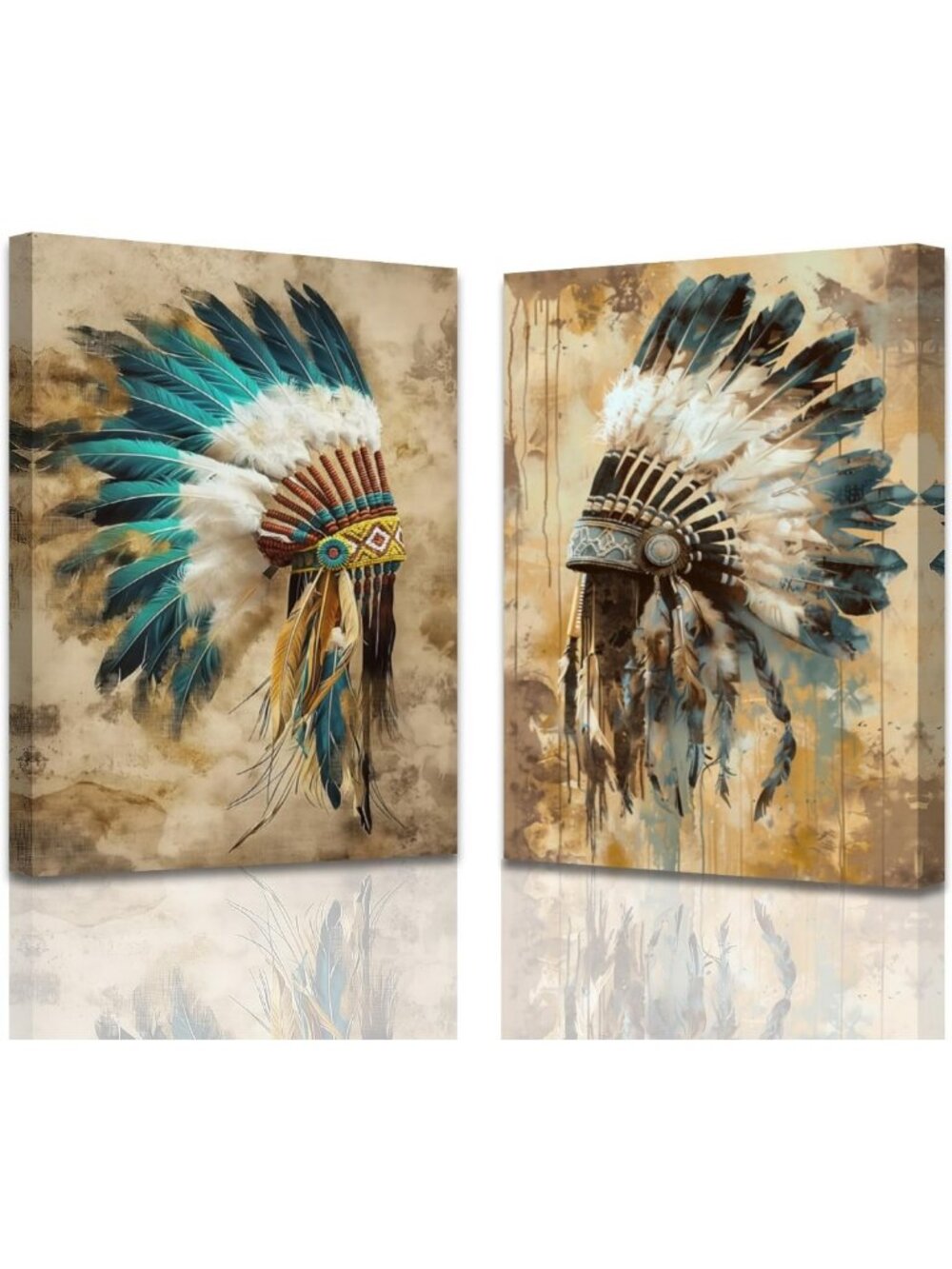 Native American Canvas Wall Art Set - Vintage Tribal Chief Feather Prints